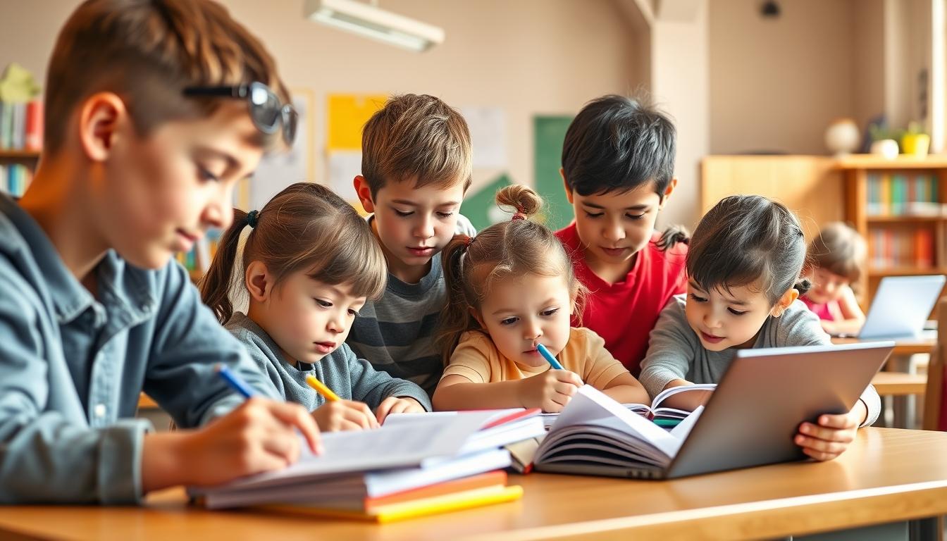 Students studying together in modern classroom